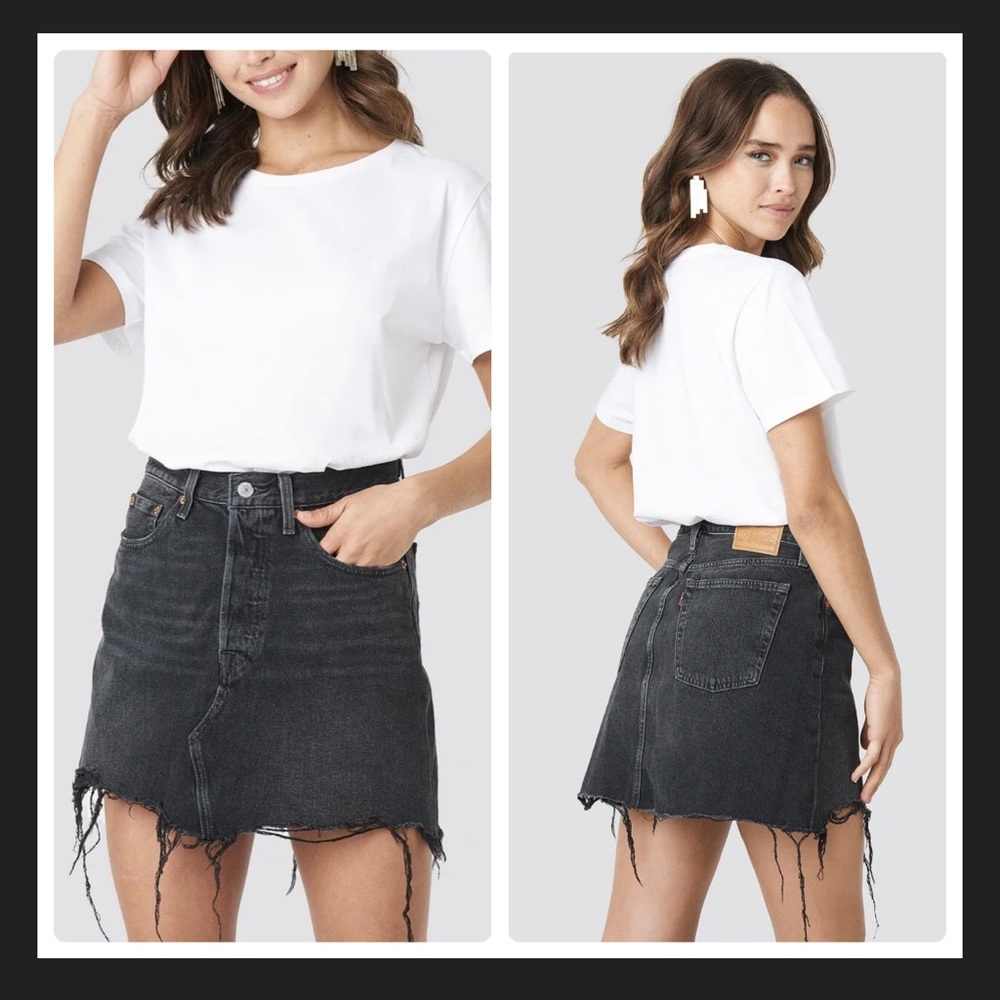 Levis Premium Denim Black Deconstructed Distressed Denim Mini Skirt